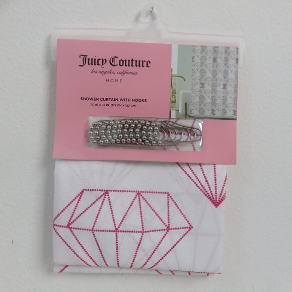 (#110) Juicy Couture White and Pink Shower Curtain with Hooks - Picture 1 of 5